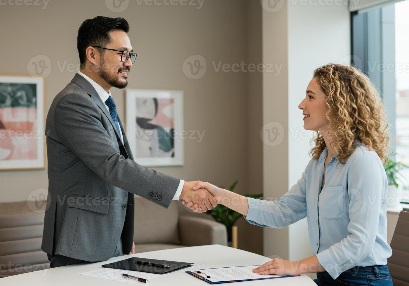 A successful handshake between a businessman and a candidate in a modern office. photo