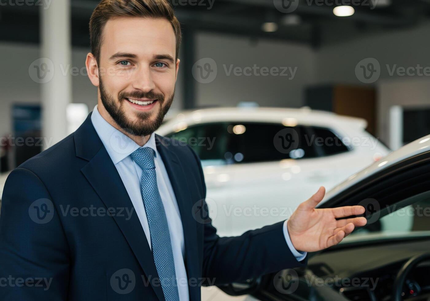 A friendly car salesman presents a new vehicle in a modern dealership showroom. photo