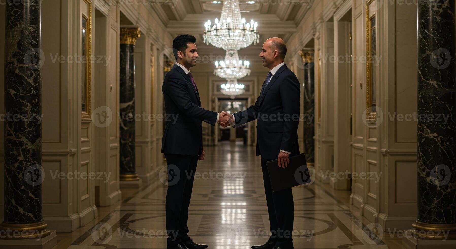 Two confident businessmen seal the deal with a handshake in a luxurious setting. photo