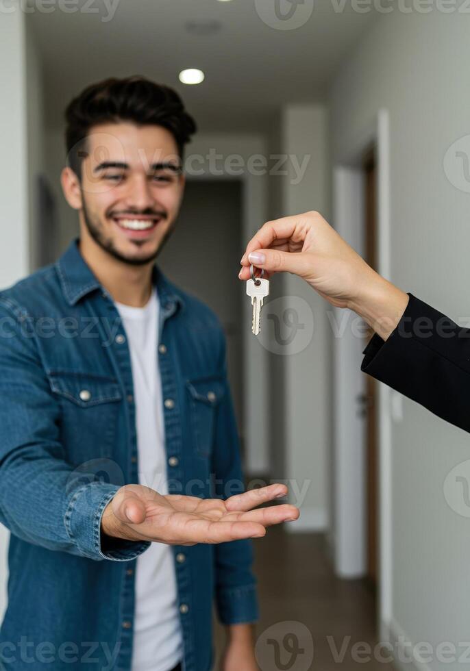 A smiling young man receives keys, symbolizing a new chapter in his life as a homeowner. photo