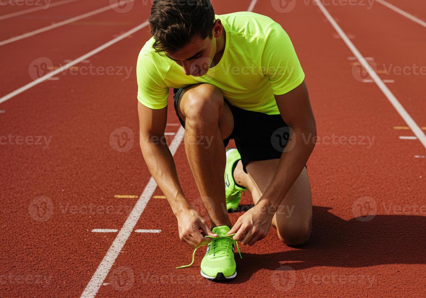 Focused young athlete tying his running shoes on the track, preparing for a workout session. photo