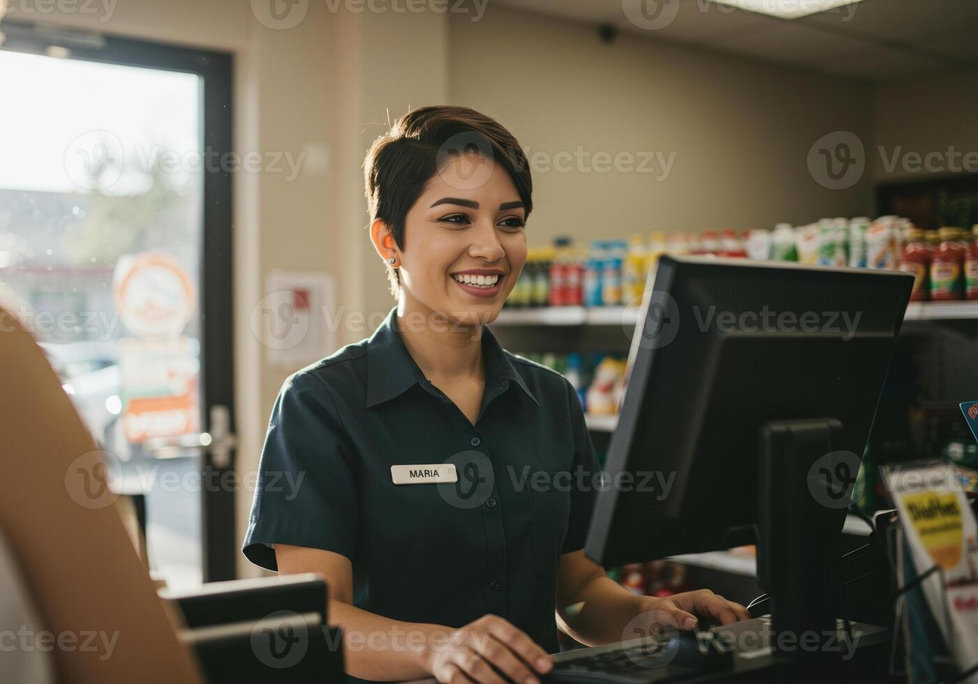 A cheerful cashier smiles while assisting a customer at the convenience store checkout. photo