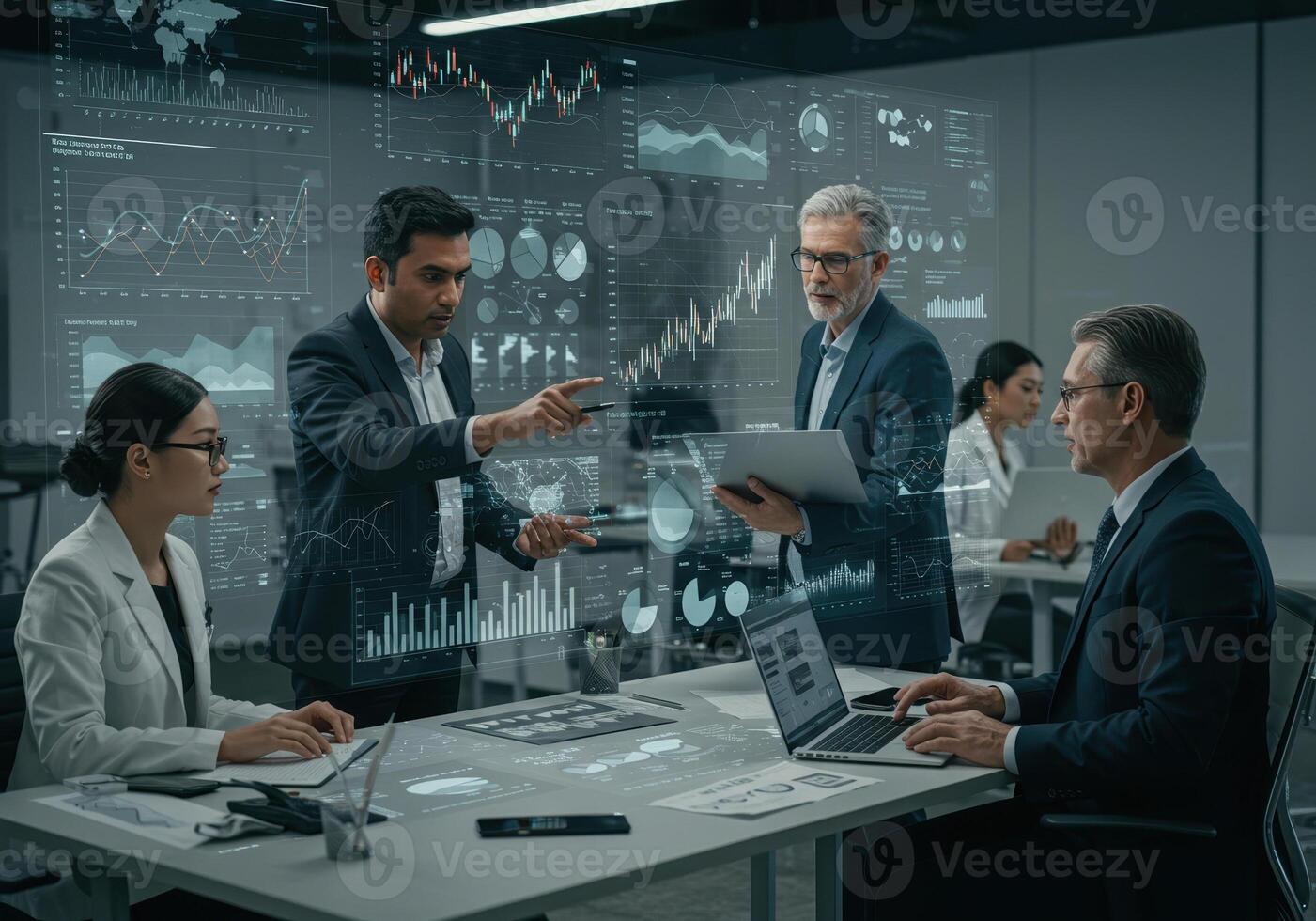 A multicultural business team analyzes financial data with advanced digital interface during a meeting. photo