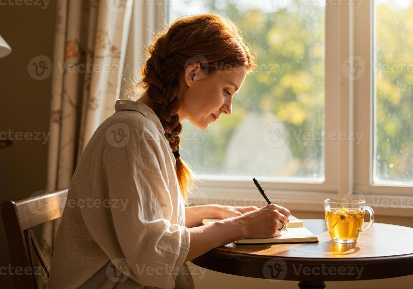 A red-haired woman enjoys a peaceful morning writing in her journal while drinking herbal tea. photo