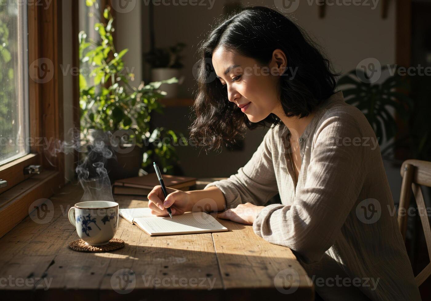 A woman is writing in her notebook by the window while enjoying a cup of steaming coffee. photo