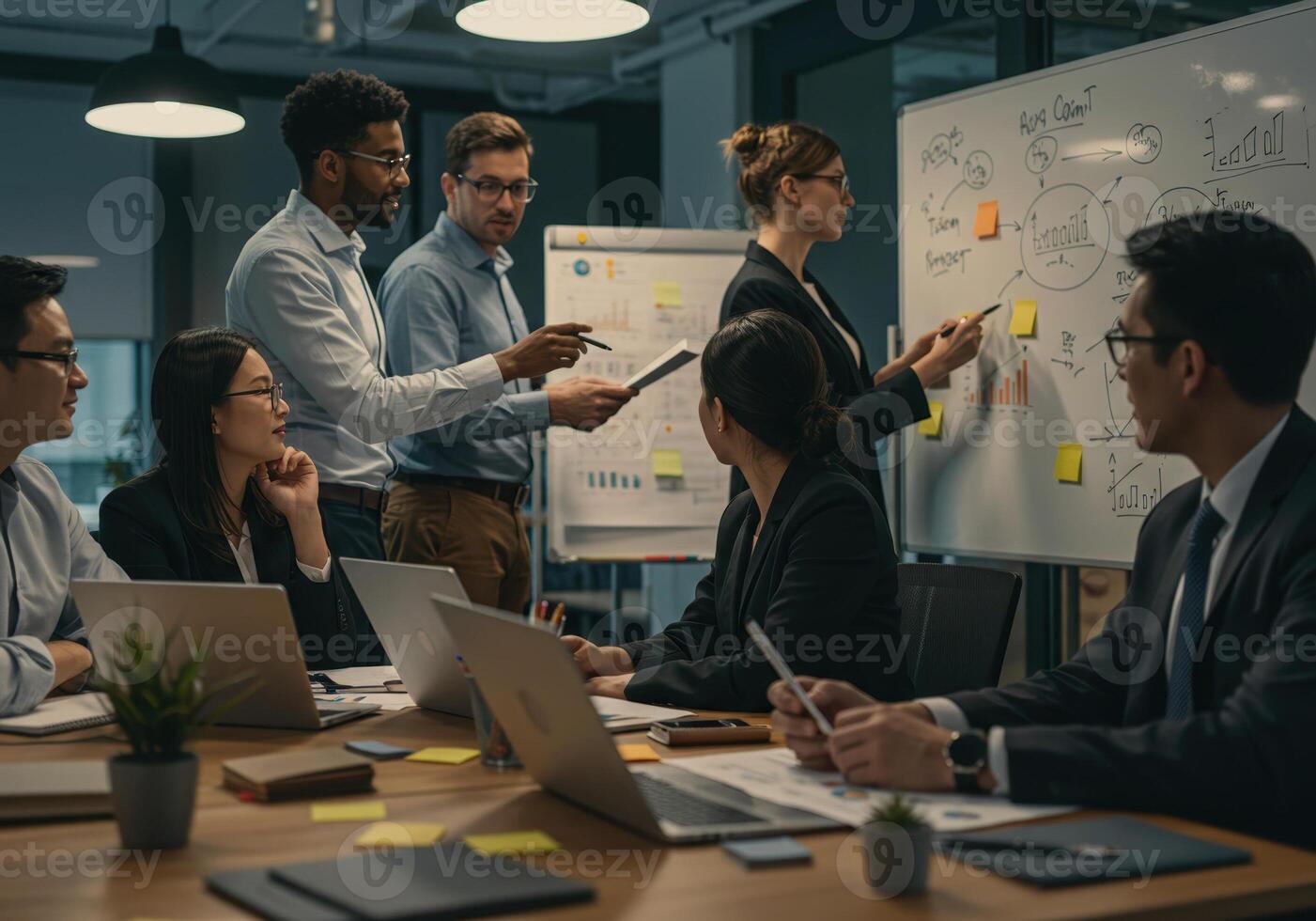 A diverse team strategizes during a business meeting, reviewing data on a whiteboard with laptops on the table. photo