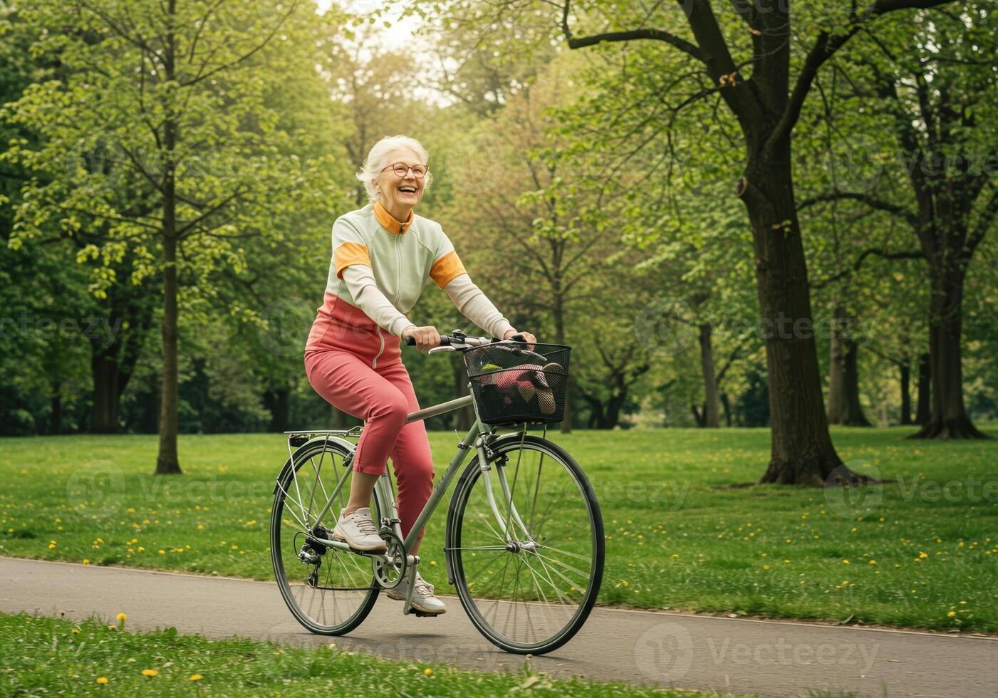 A happy senior woman joyfully pedals her bicycle down a scenic park path on a sunny day. photo