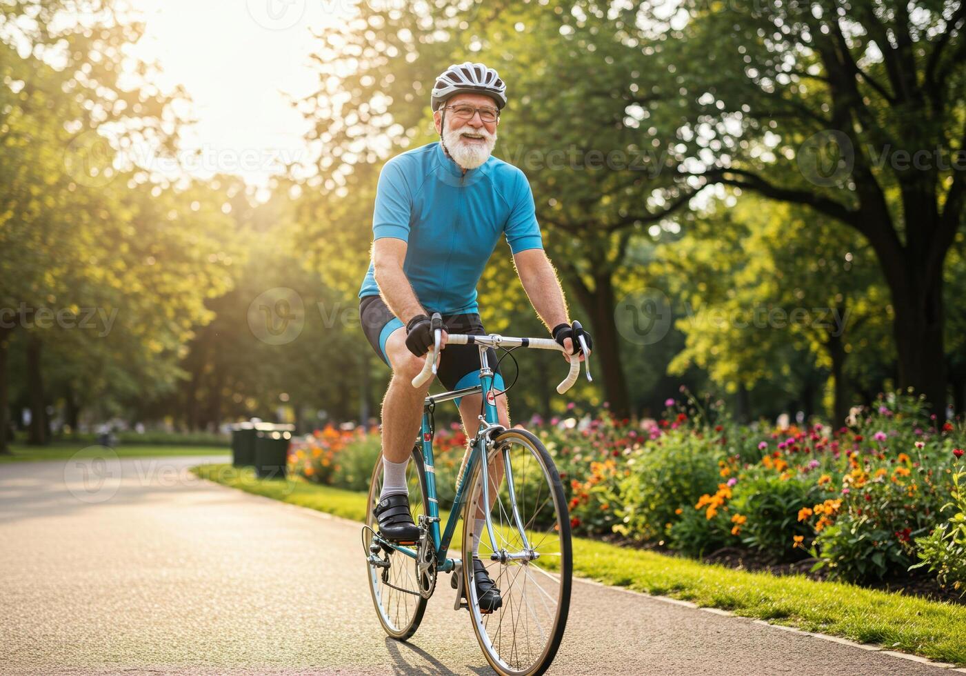 A cheerful elderly man cycles through the park enjoying the sunlight and an active lifestyle. photo