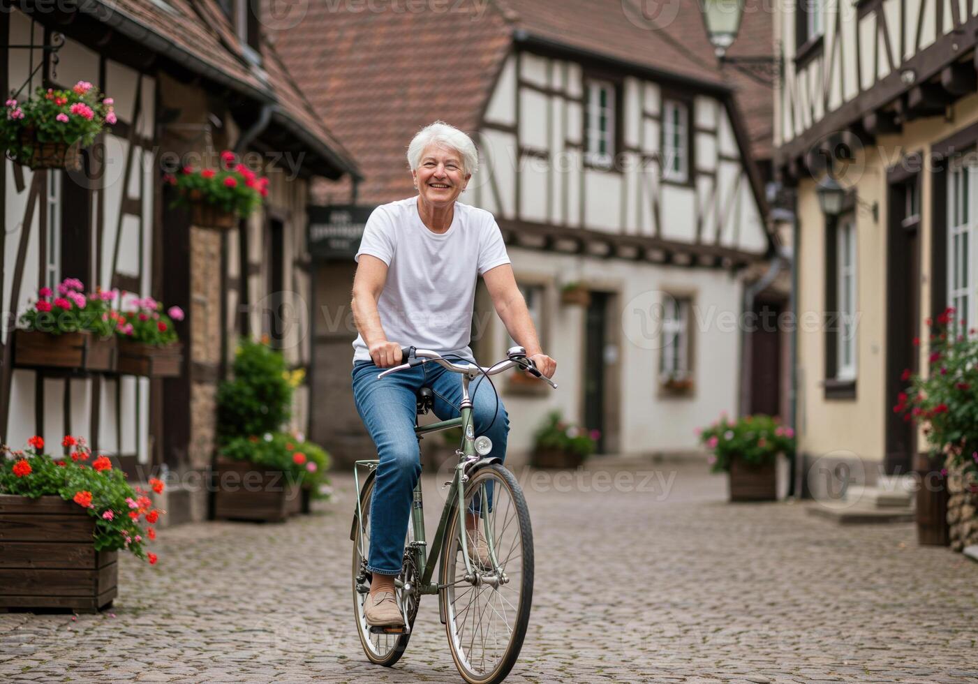 A smiling senior woman cycles through a picturesque European village, embracing an active and joyful retirement. photo