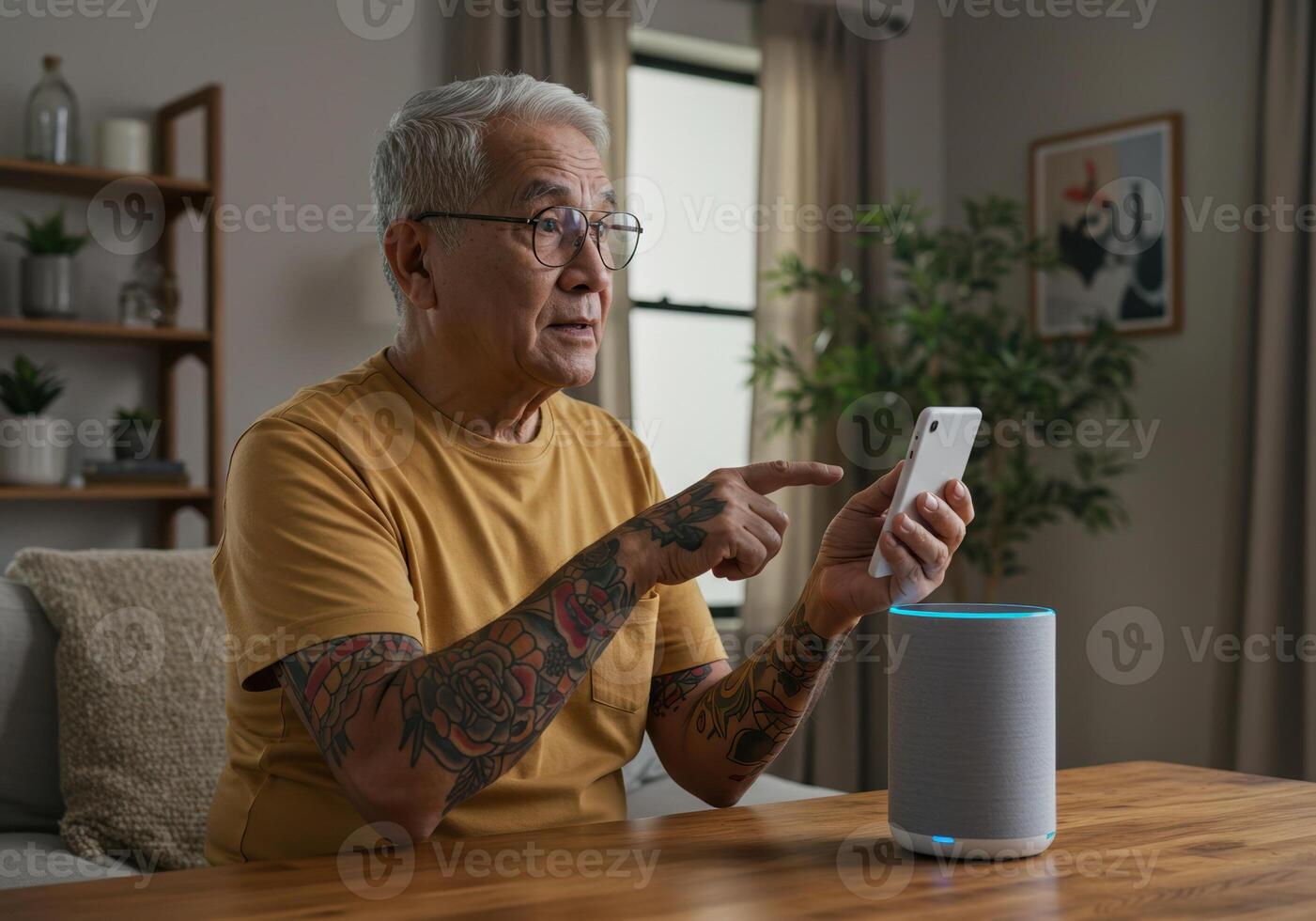 Tattooed senior uses smartphone to command smart speaker in a connected, modern home. photo