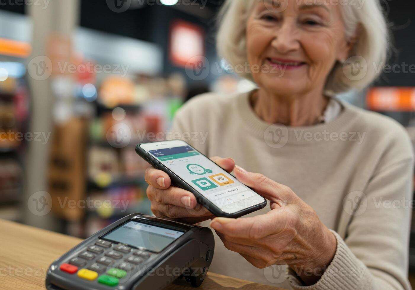 Smiling senior woman uses her smartphone to make a secure mobile payment at the checkout. photo