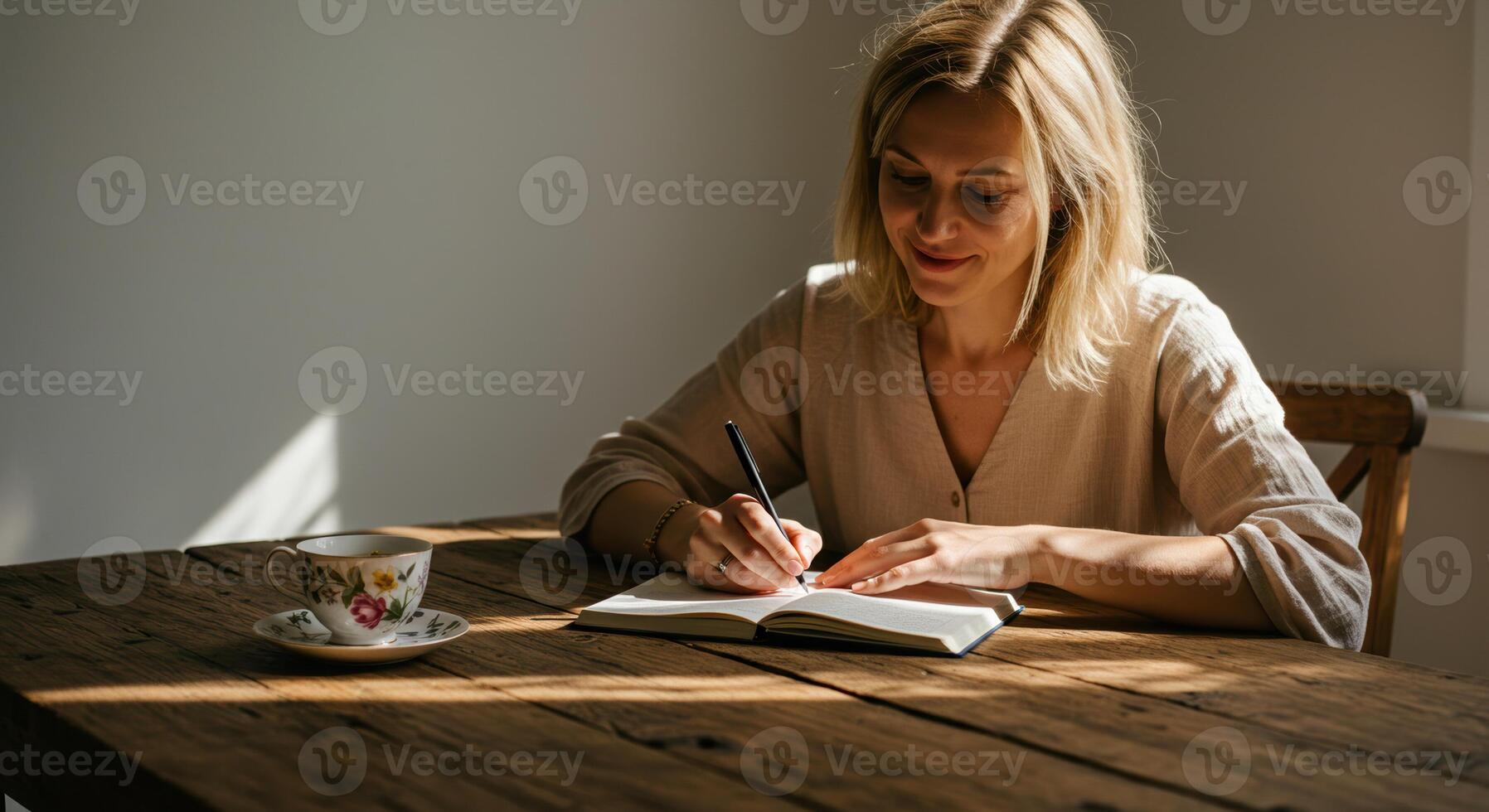 A blond woman enjoys a quiet moment writing in her journal at a sunlit wooden table. photo
