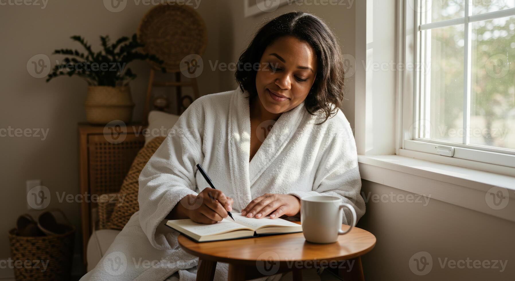 A woman in a robe enjoys a quiet morning journaling by the window with a cup of coffee. photo