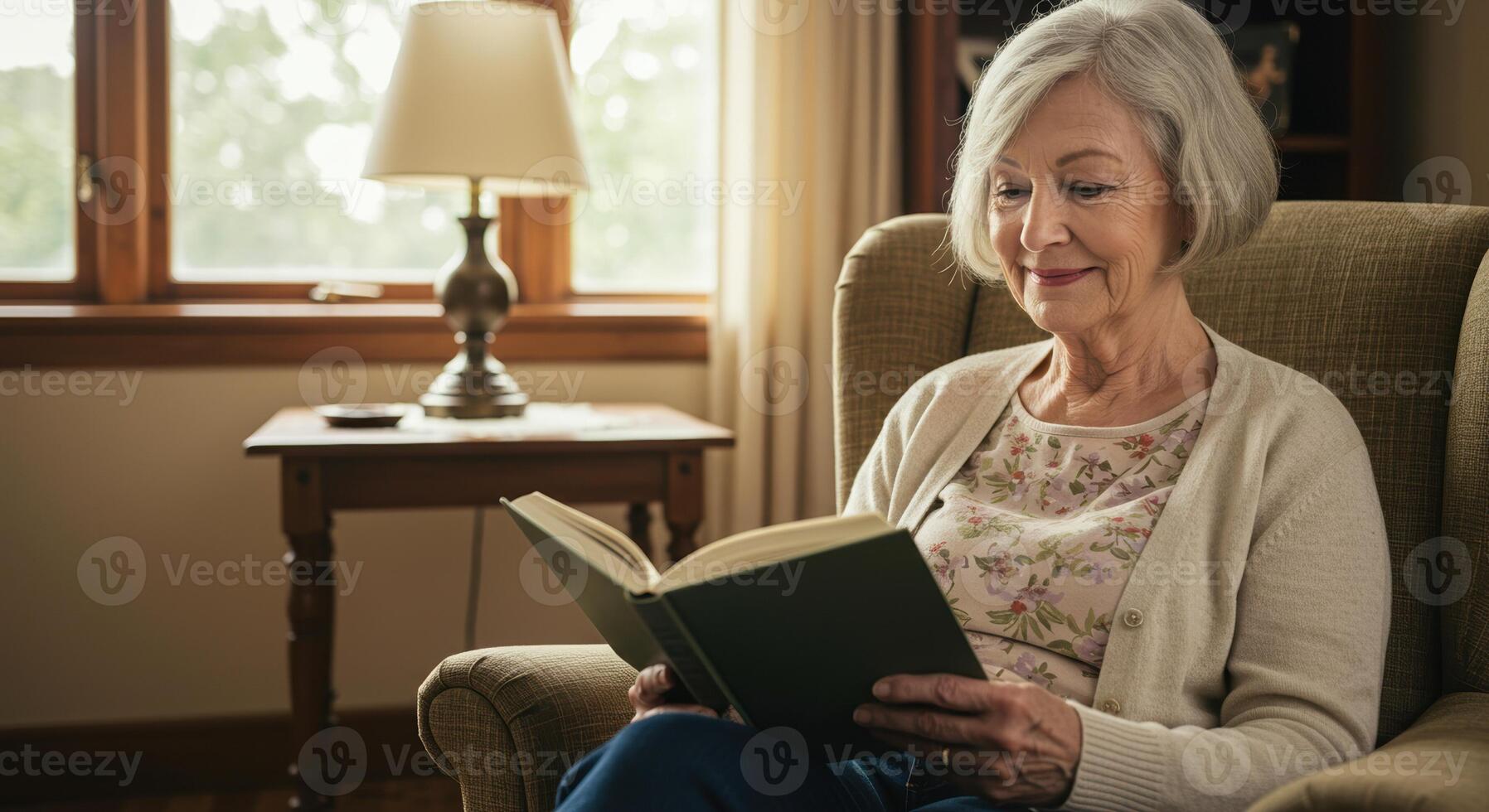 An older woman with grey hair relaxes in her armchair reading a book at home. photo