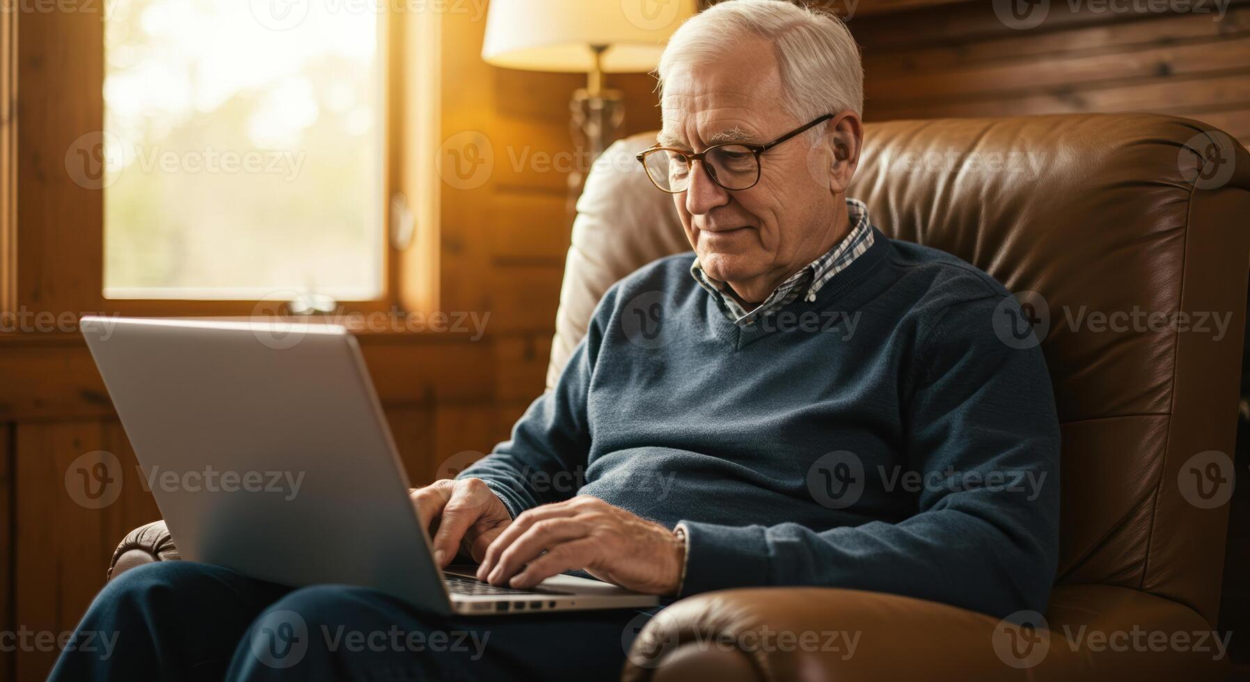 An elderly gentleman enjoys using his laptop in a comfortable leather armchair in his cozy living room. photo