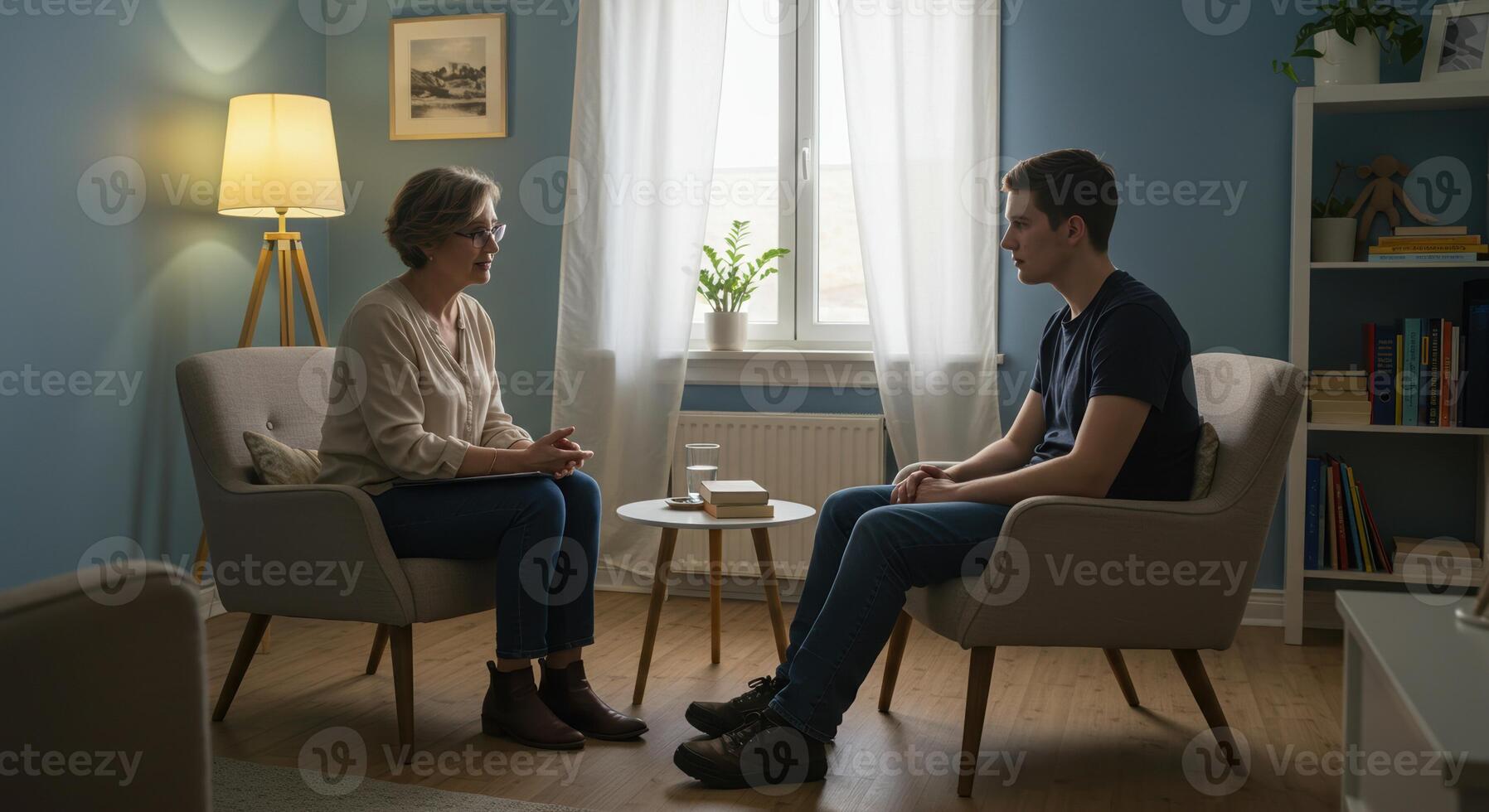 A young man is in deep conversation with his therapist during a counseling session in a cozy office. photo
