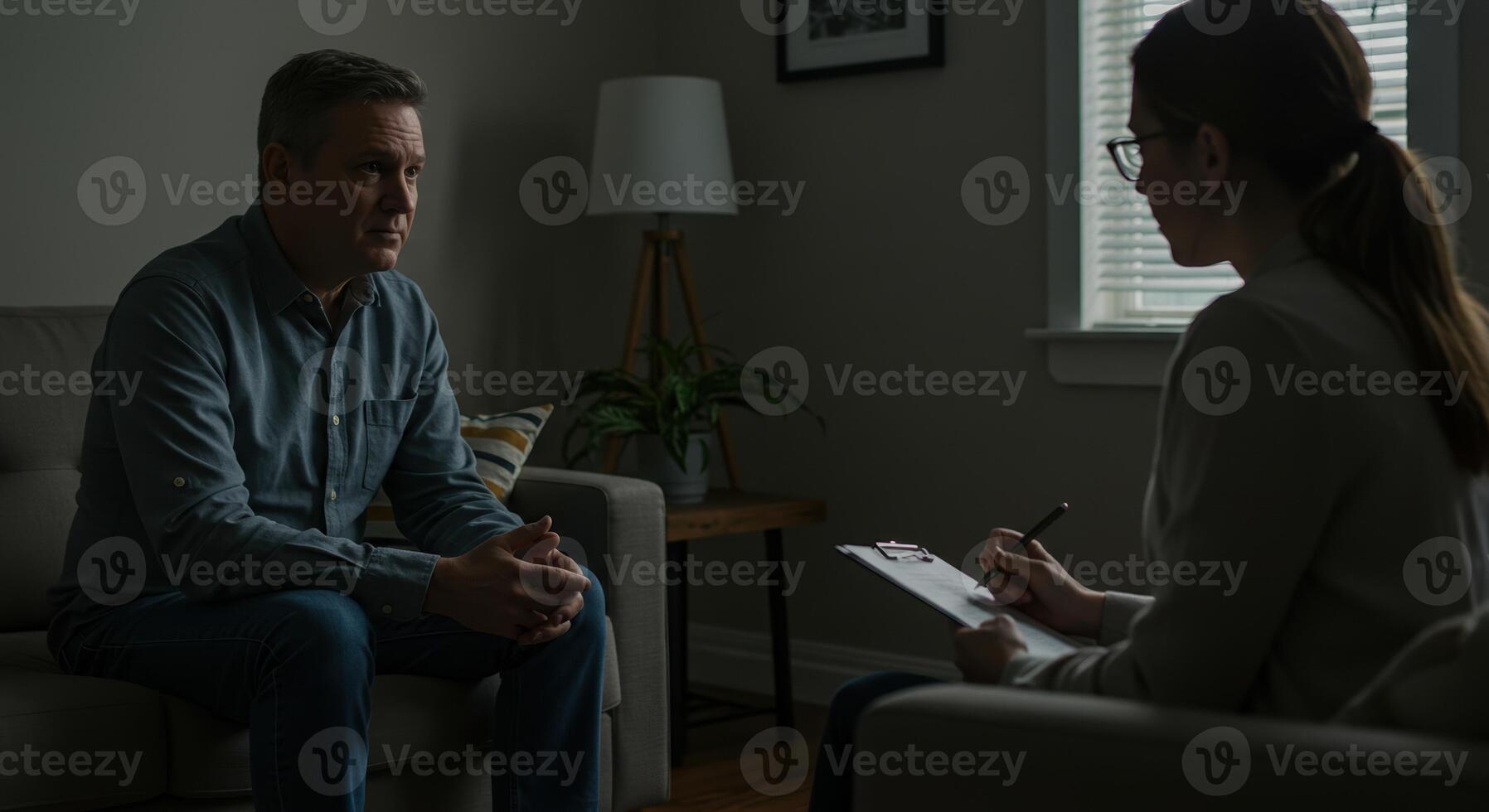 During a therapy session, a man talks with a therapist in a dimly lit and comfortable office. photo