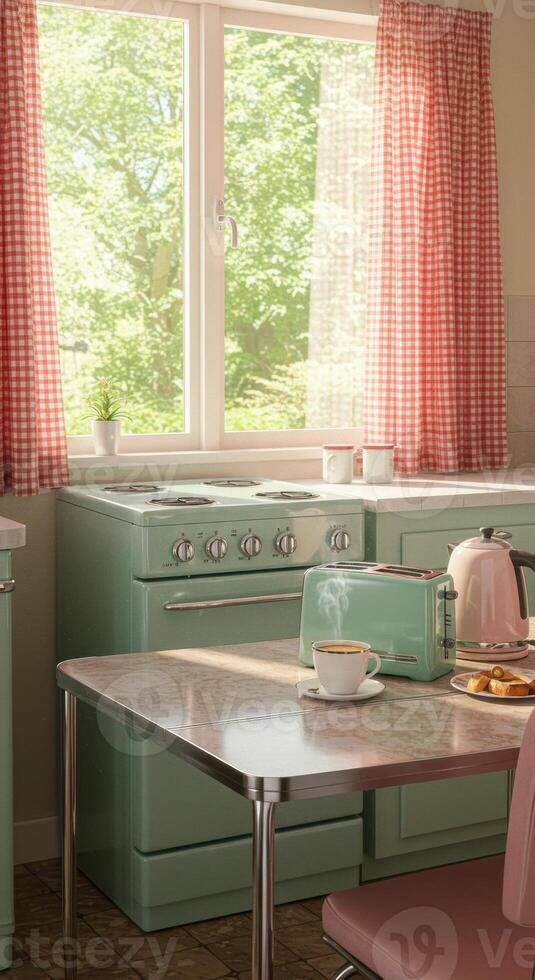 Enjoying a leisurely breakfast in a retro-styled kitchen filled with warm sunlight. photo