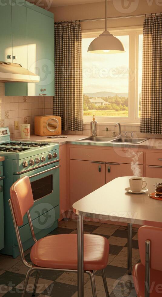 Step back in time with this charming retro kitchen scene, bathed in soft morning light. photo