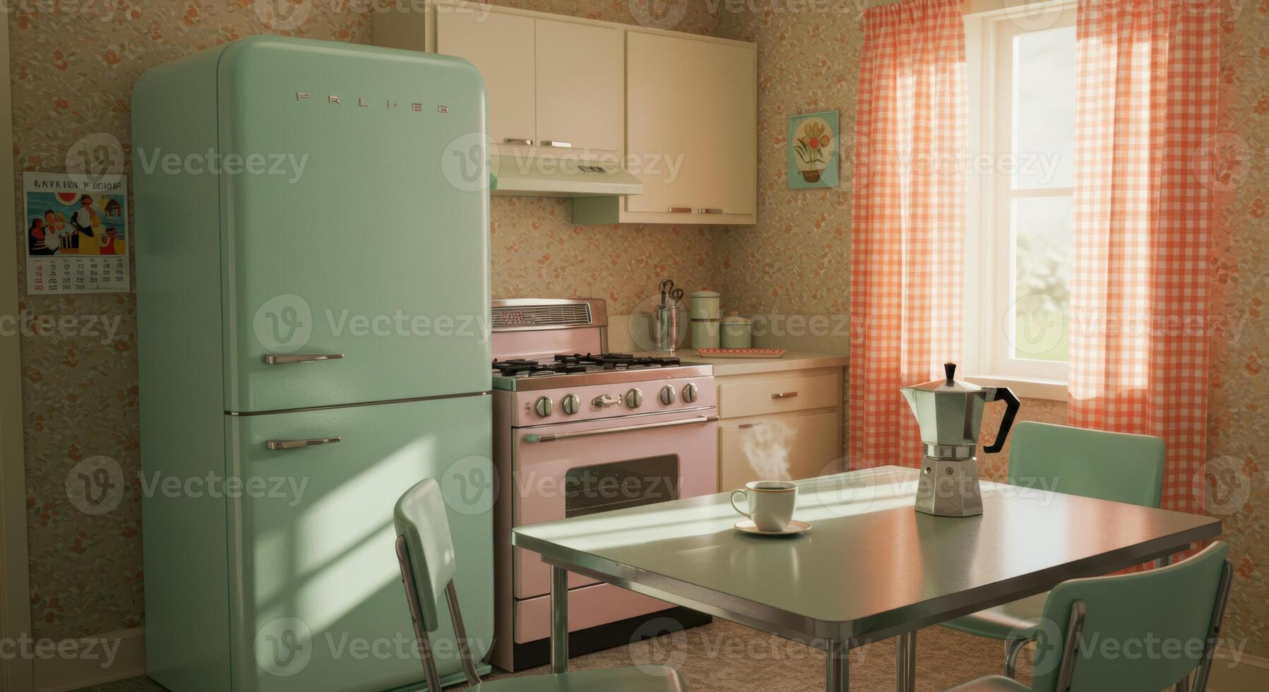 A quaint retro kitchen features a classic refrigerator and a cozy breakfast setup with coffee. photo