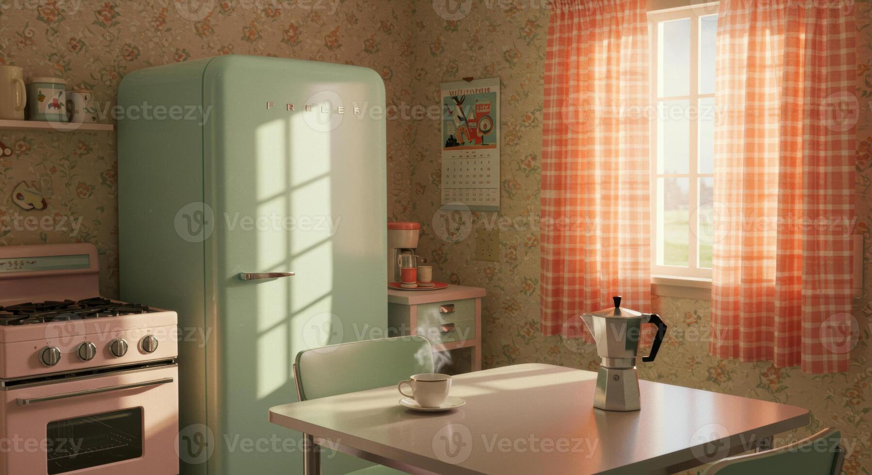 Step back in time with a retro kitchen scene, featuring a classic turquoise refrigerator. photo