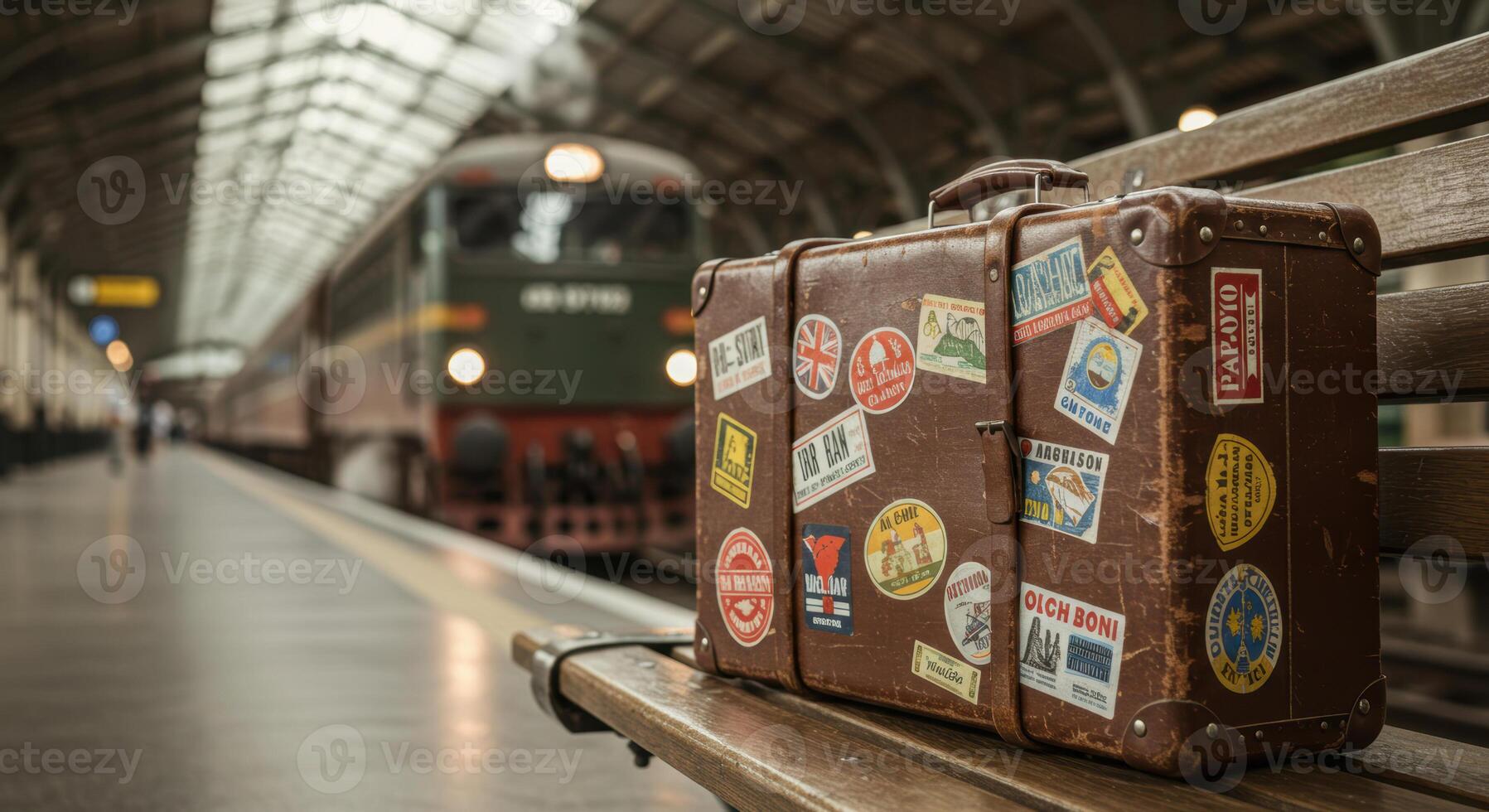 A vintage suitcase covered with travel stickers sits patiently awaiting a train. photo