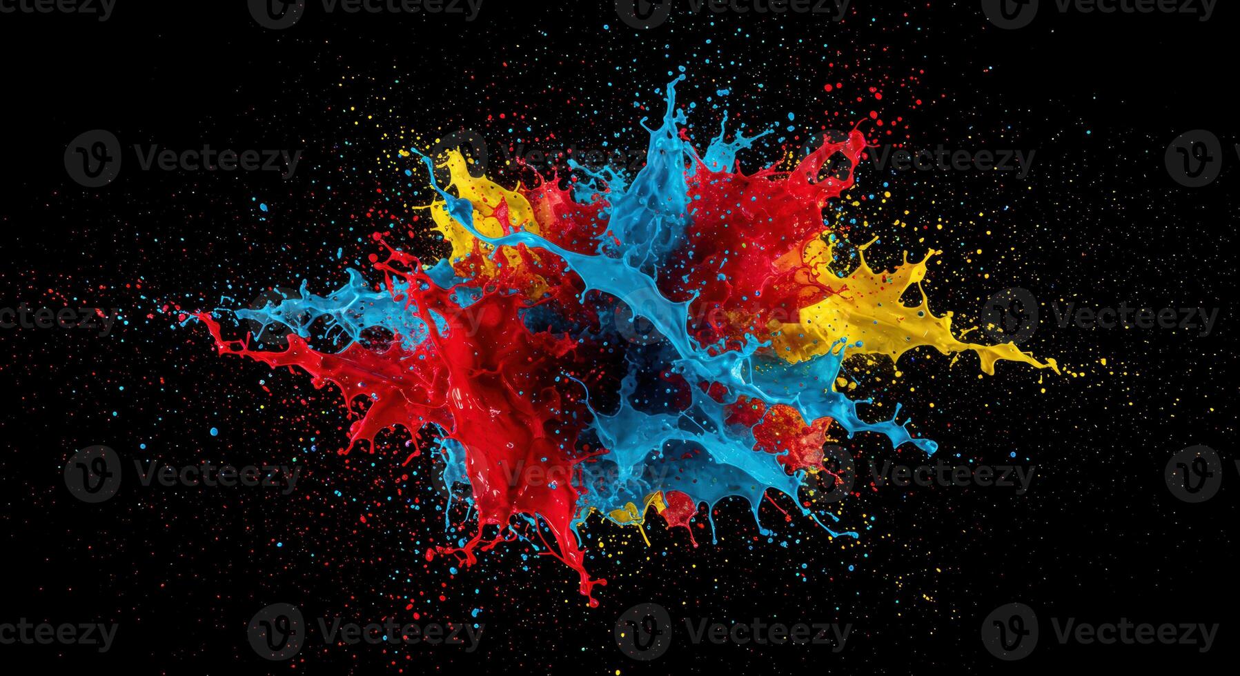 A vivid explosion of red, blue, and yellow paint bursts forth on a black canvas. photo