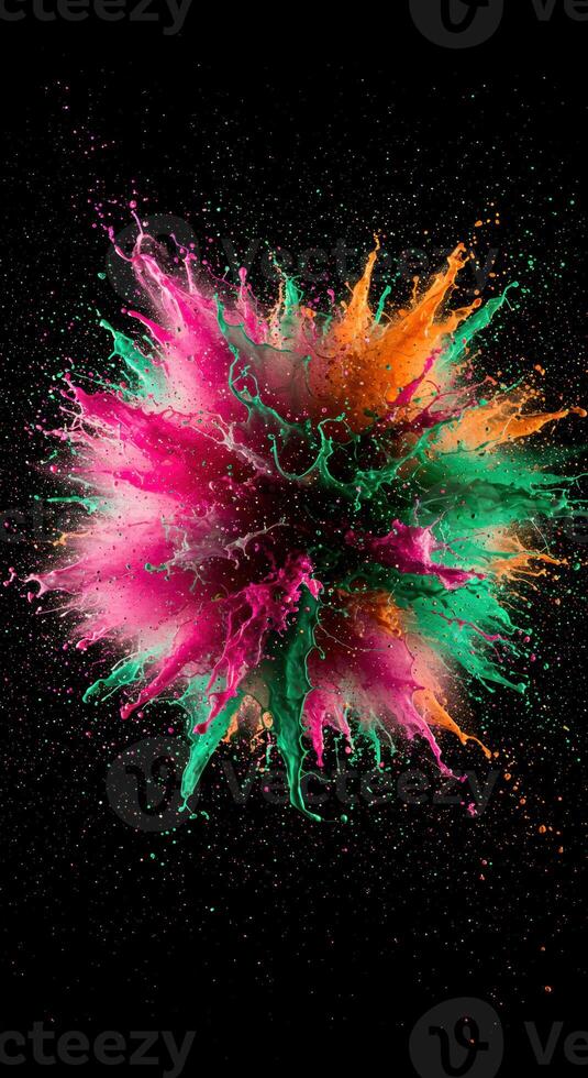A dynamic explosion of vibrant pink, green, and orange paint creates a captivating visual effect. photo
