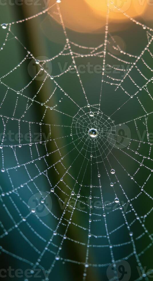 A glistening spiderweb adorned with dewdrops, capturing the essence of a tranquil morning. photo