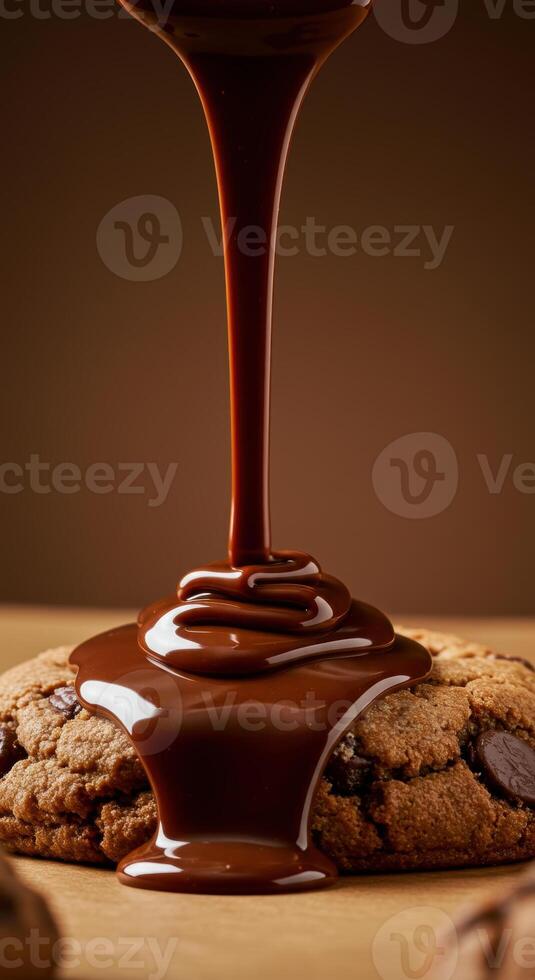 Indulge in the tempting view of dark chocolate being poured over a chocolate chip cookie. photo