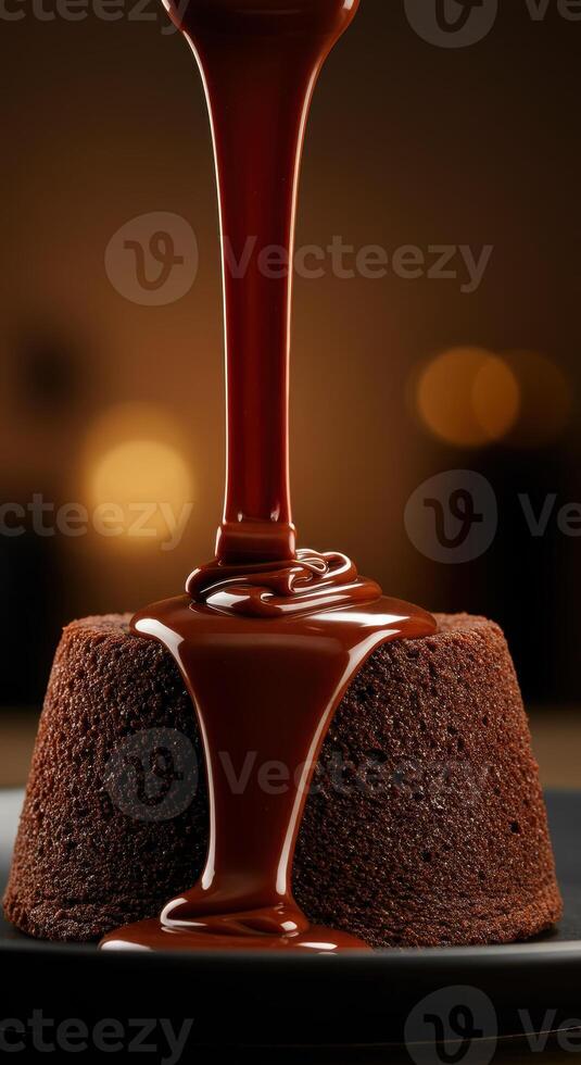 Indulge in the decadence, a chocolate lava cake drizzled with luscious sauce. photo