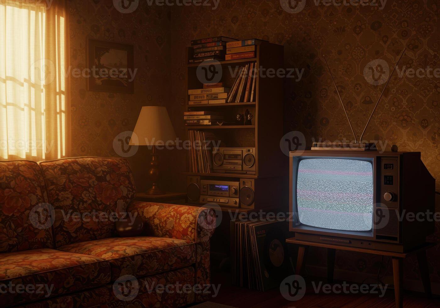 Step back in time with this 1970s living room scene, complete with classic TV. photo