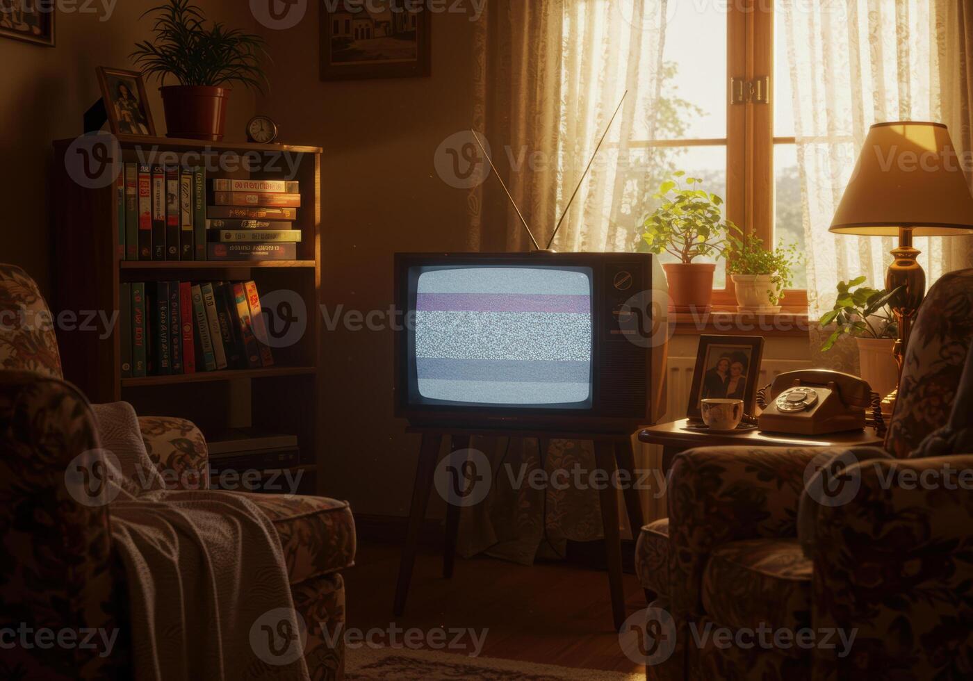 Step back in time with this vintage living room featuring a static-filled TV. photo