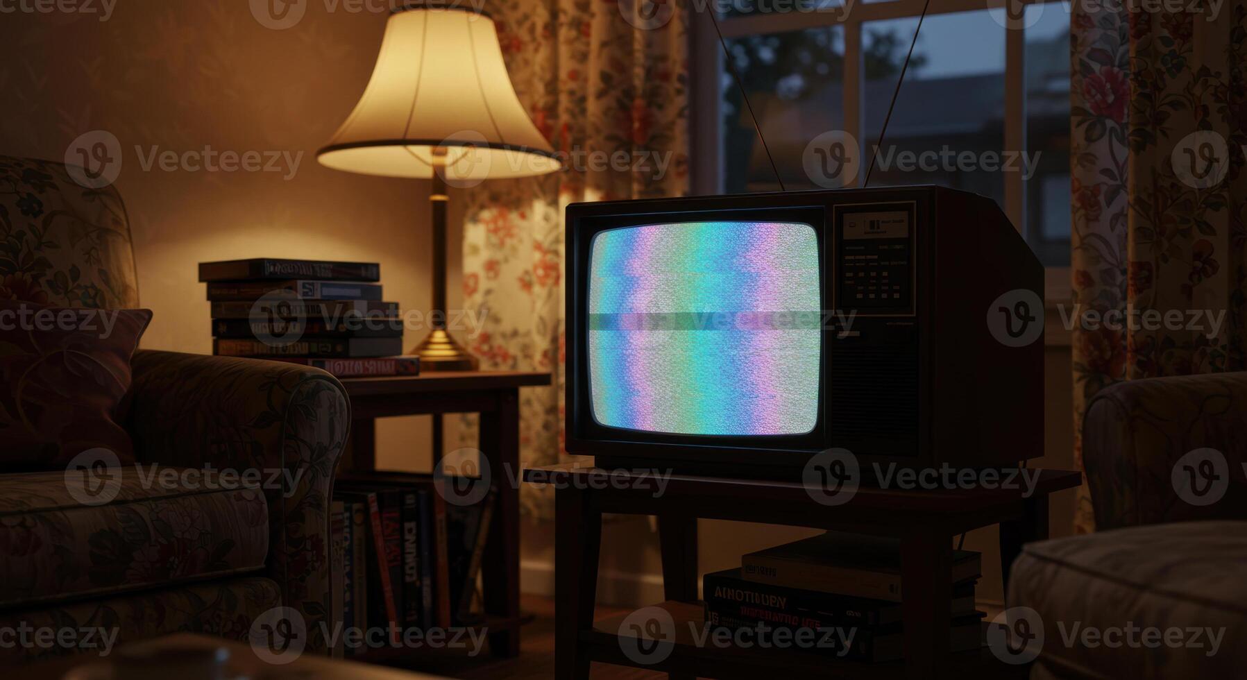 Cozy vintage living room featuring an old television displaying static noise. photo