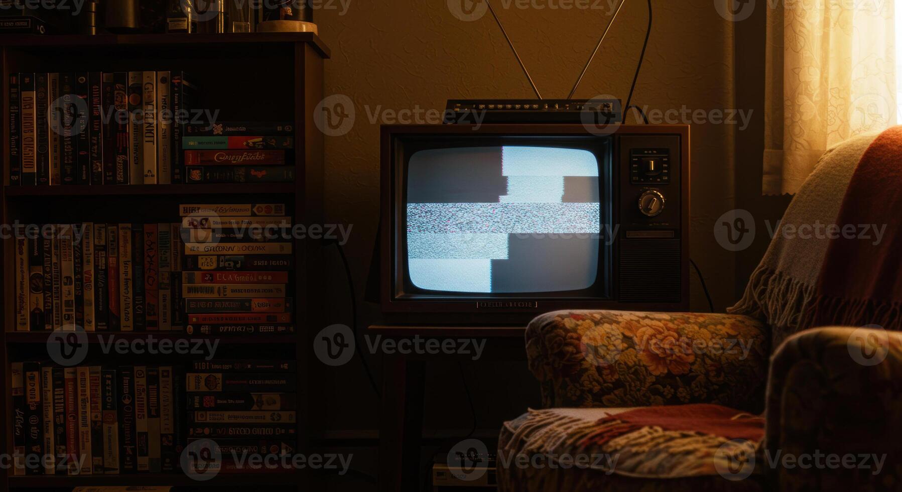 A vintage TV with static sits in a dimly lit living room, next to a bookshelf. photo