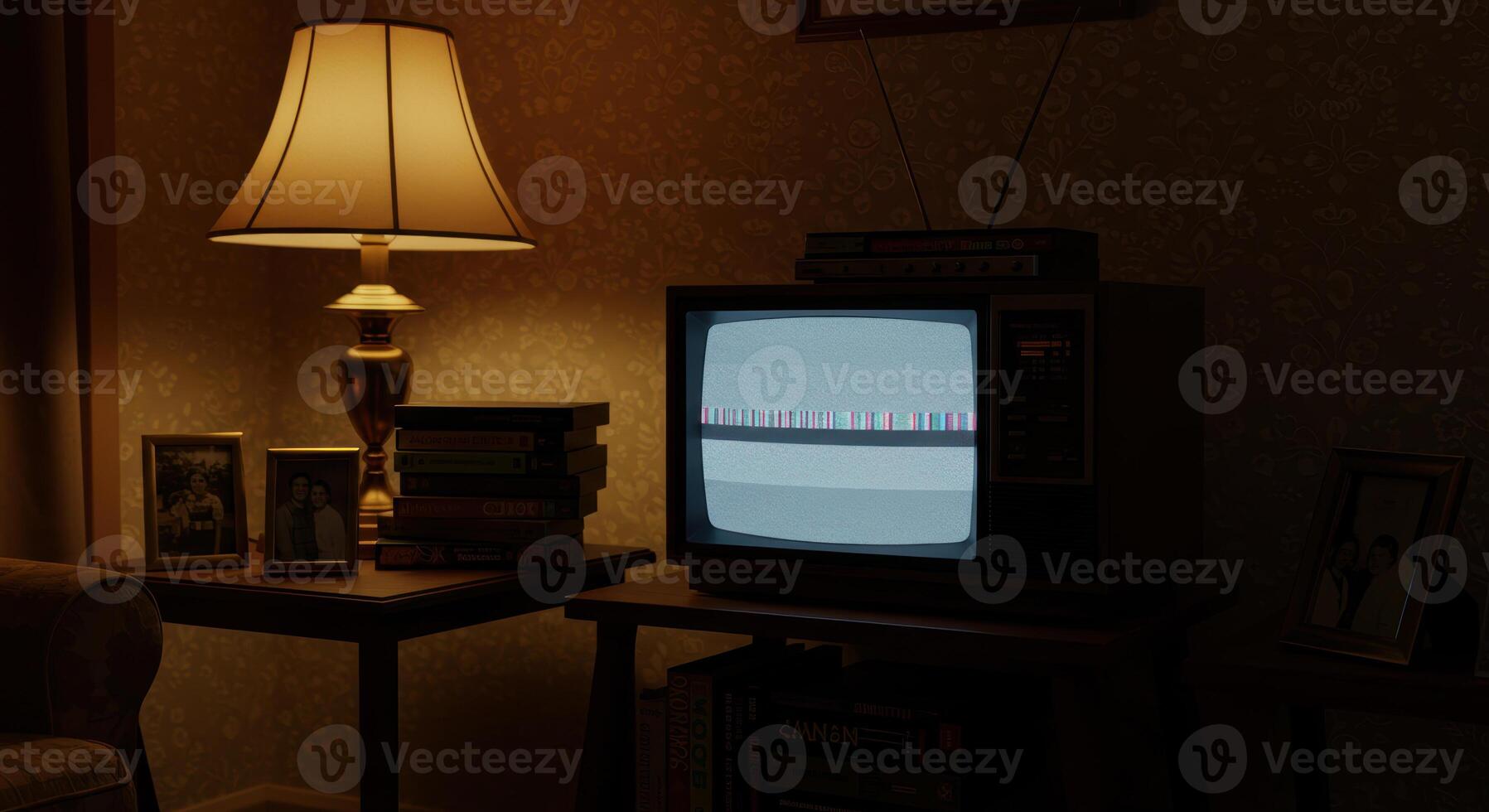 A vintage television set displays static in a dimly lit room, evoking a sense of nostalgia. photo
