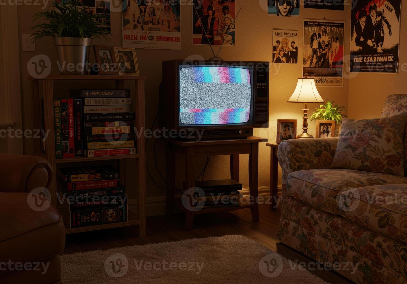 Cozy retro living room featuring a vintage television displaying static, evoking nostalgia. photo