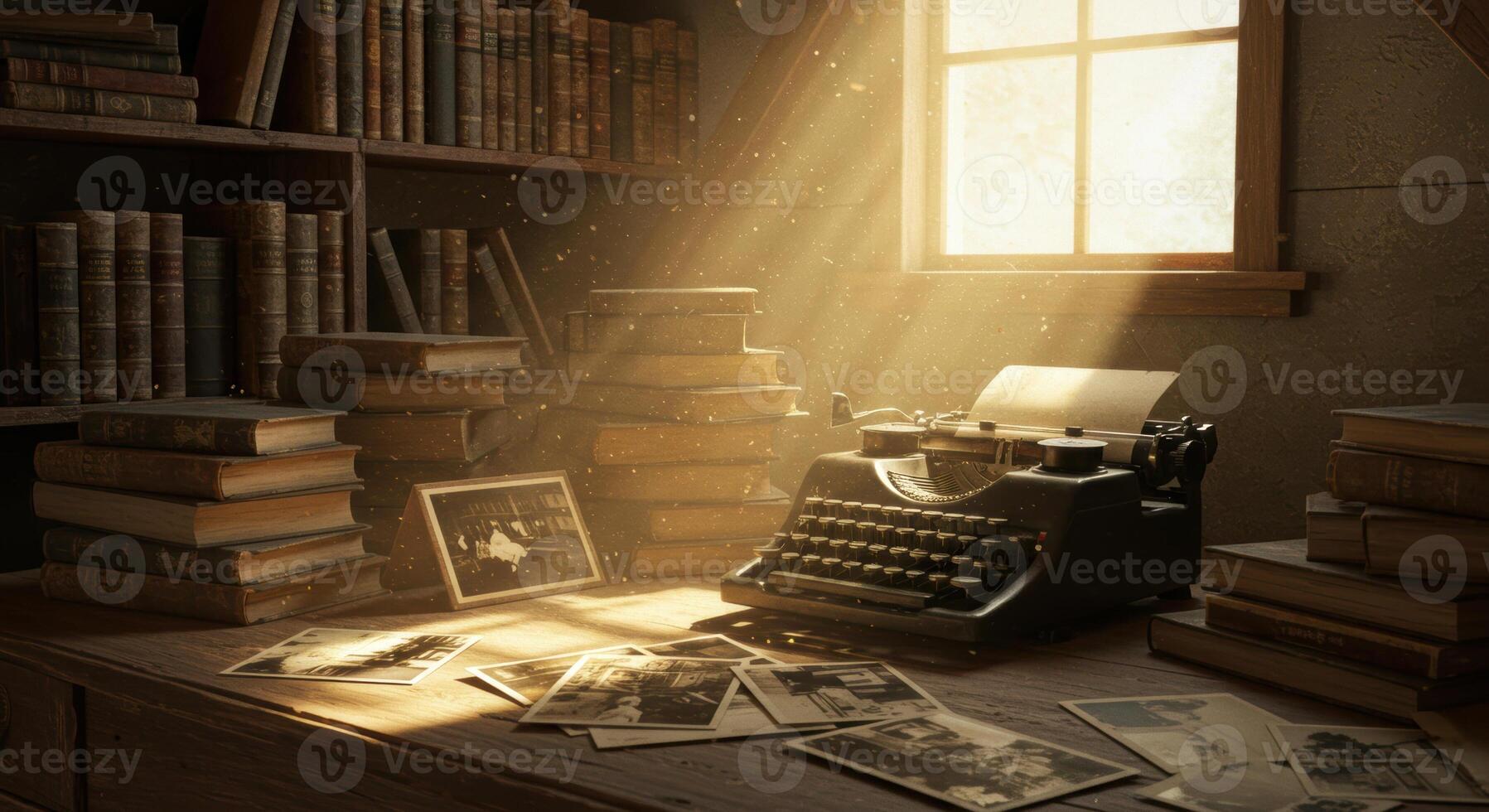 Sunlight streams onto a vintage typewriter surrounded by books and old photographs. photo