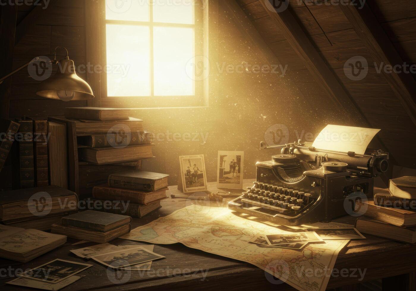 A vintage typewriter and old photographs create a nostalgic scene in a sunlit attic. photo