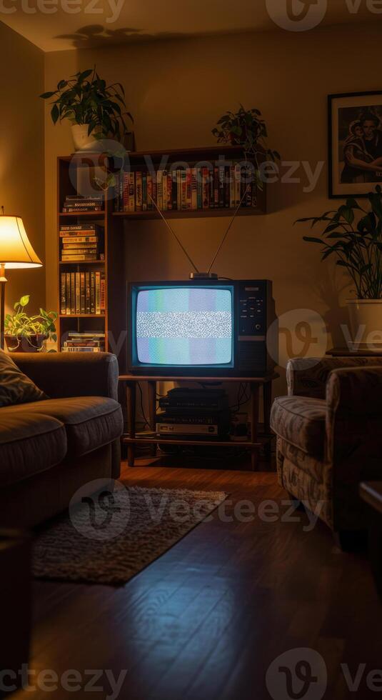 Step back in time with this cozy living room featuring a vintage television set. photo