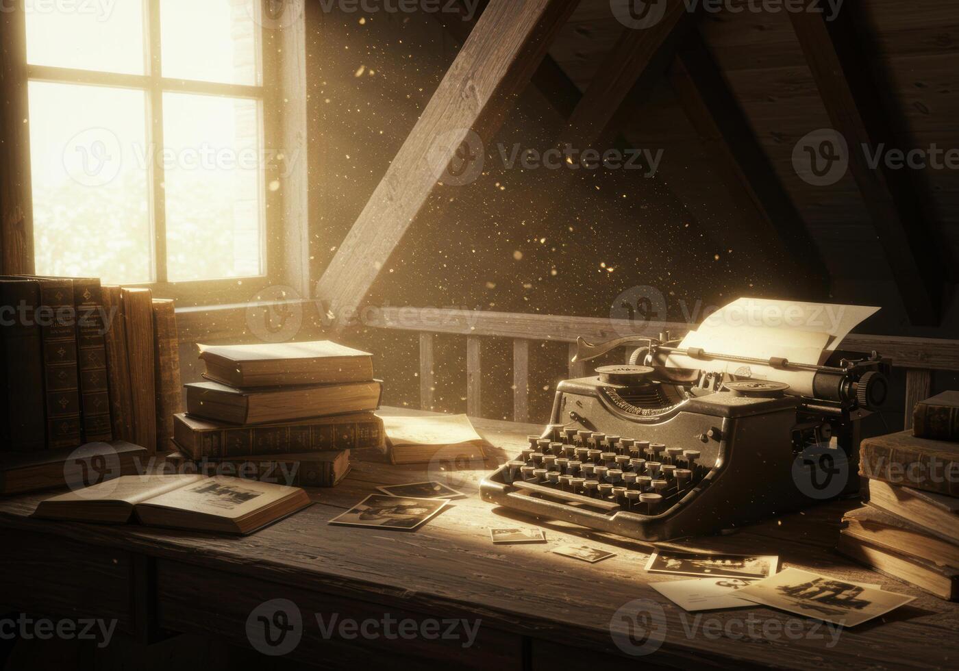 Sunlight streams into an attic illuminating a vintage typewriter and old books. photo