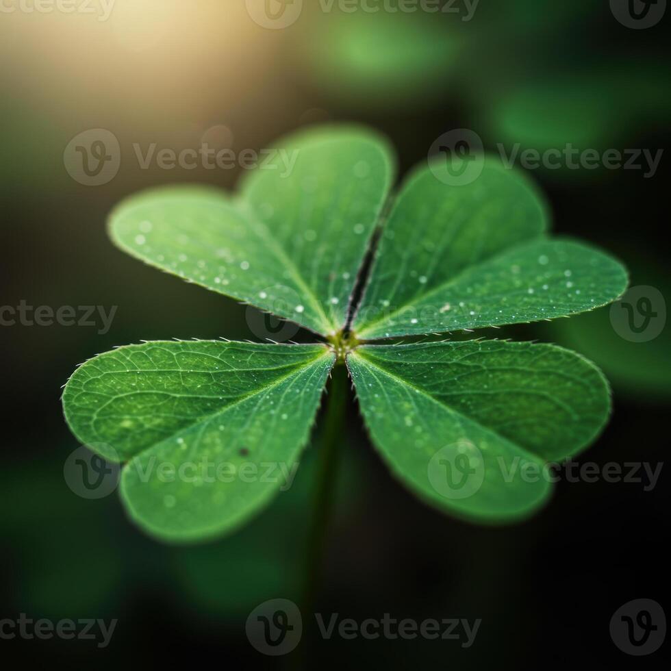A four-leaf clover sparkles with dew, a symbol of luck and Irish heritage. photo