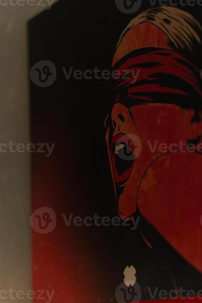 a picture with a blindfolded girl painted in pop-up retro style photo