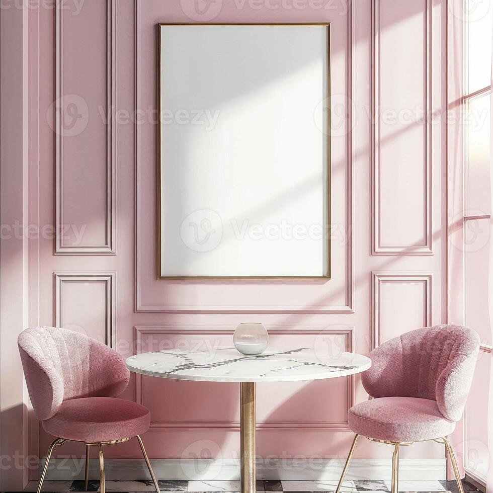 Vertical blank frame in a stylish cafe, pink walls, elegant dining setup, warm lights, plants, and windows photo