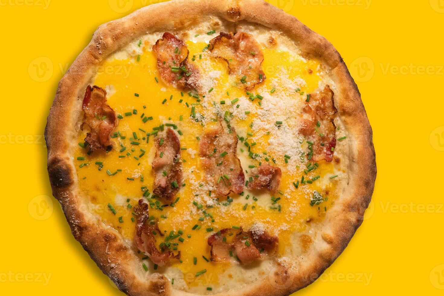 Pizza Carbonara with Bacon and Yolk of Chicken Egg photo