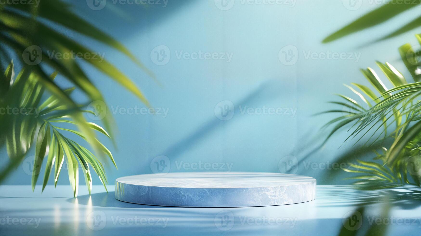 Modern Display Platform Surrounded by Lush Greenery on a Blue Background photo
