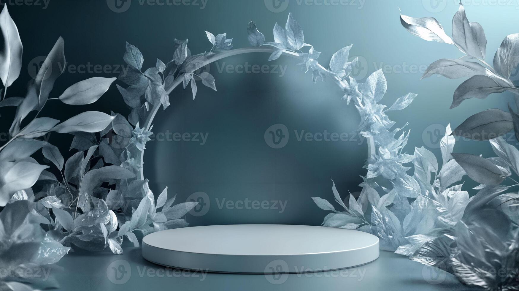 Elegant Display Stand Surrounded by Lush Silver Leaves and a Soft Blue Background photo