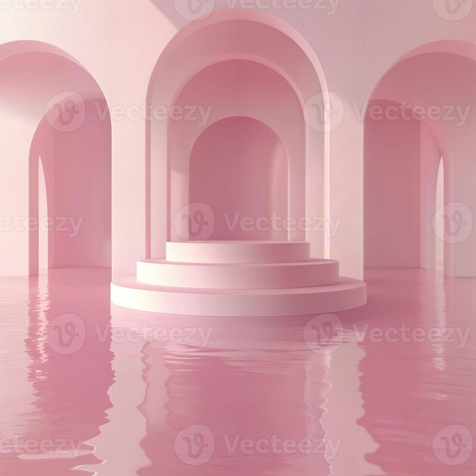 Serene Minimalist Scene with Pink Arches and Reflective Water Surface photo