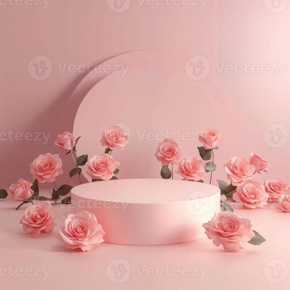 Delicate Pink Roses Against a Soft Pink Background with a Round Display photo