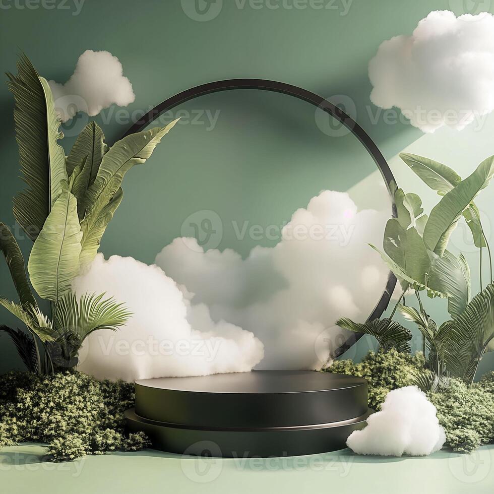 Stylish Green Stage with Lush Foliage and Soft Clouds for Presentations photo